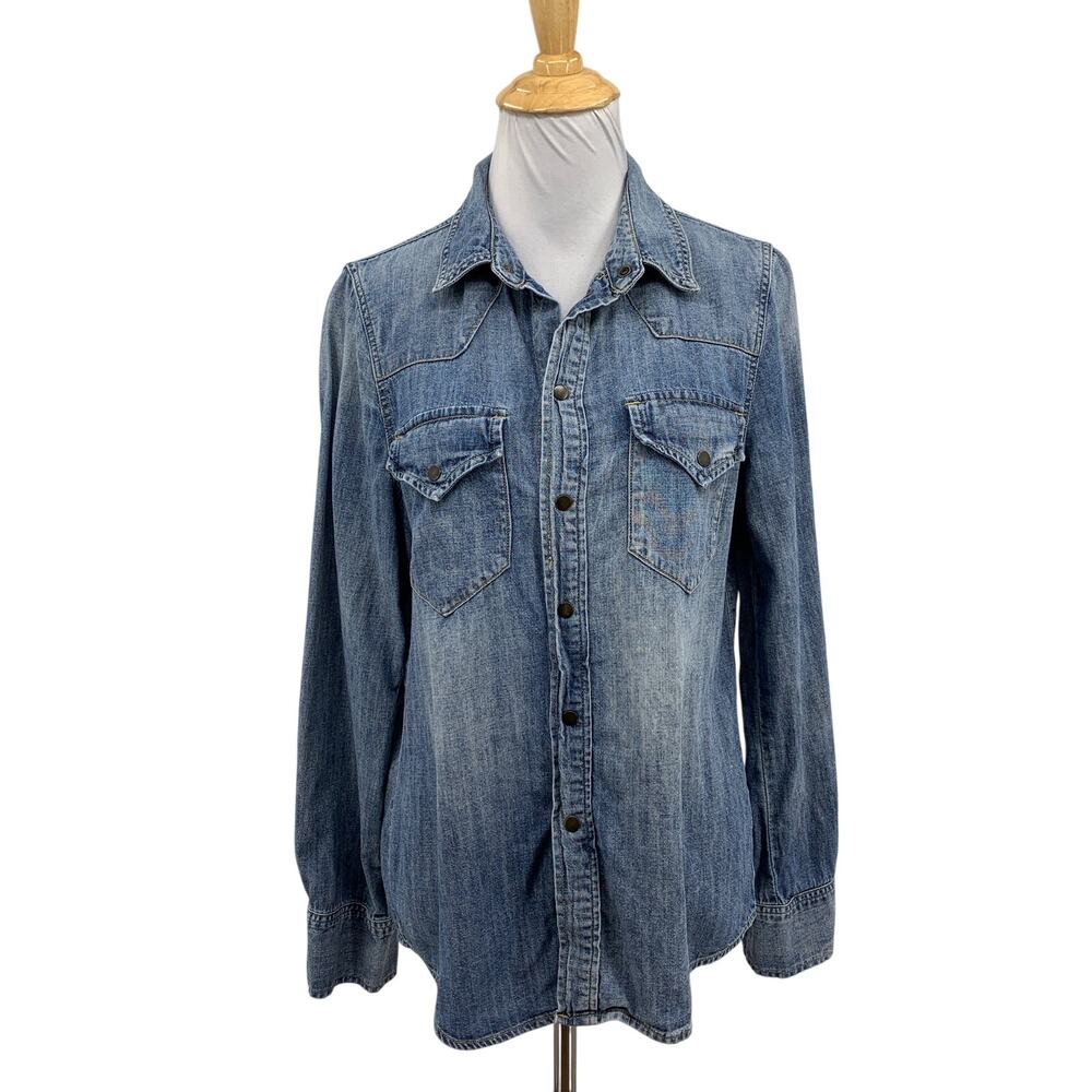 Madewell Shirt Womens Medium Blue Western Denim Snap Buttons Long Sleeve Pockets